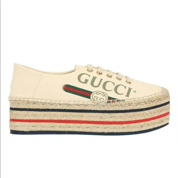 GUCCI CANVAS LOGO WEDGE ESPADRILLE PLATFORM SHOES - Picture 4 of 8